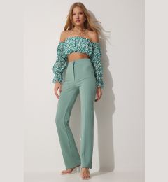 Снимка на Happiness İstanbul Women's Almond Green High Waist Lycra Casual Knitted Trousers