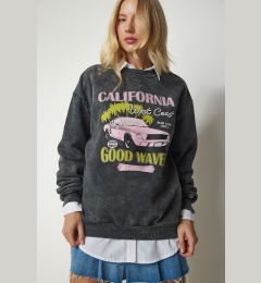Снимка на Happiness İstanbul Women's Anthracite Printed Oversize Raised Sweatshirt