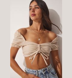 Снимка на Happiness İstanbul Women's Beige Linen Blend Gathered Crop Blouse