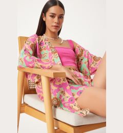 Снимка на Happiness İstanbul Women's Beige Pink Patterned Viscose Kimono Shorts Set