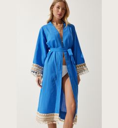 Снимка на Happiness İstanbul Women's Blue Tassel Guipure Detail Long Linen Kimono