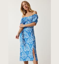 Снимка на Happiness İstanbul Women's Blue White Elastic Carmen Collar Summer Dress