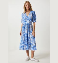 Снимка на Happiness İstanbul Women's Blue Wrap Collar Floral Summer Viscose Dress