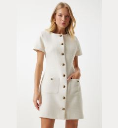 Снимка на Happiness İstanbul Women's Bone Pocket Buttoned Mini Tweed Dress KJ0009