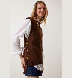 Снимка на Happiness İstanbul Women's Brown Crew Neck Buttoned Knitwear Sweater