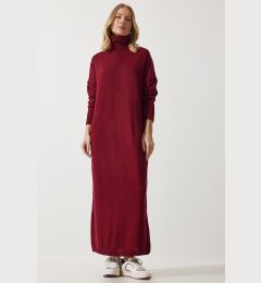 Снимка на Happiness İstanbul Women's Burgundy Turtleneck Slit Oversize Knitwear Dress
