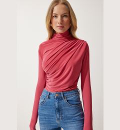 Снимка на Happiness İstanbul Women's Candy Pink Gathered Detailed High Neck Sandy Blouse