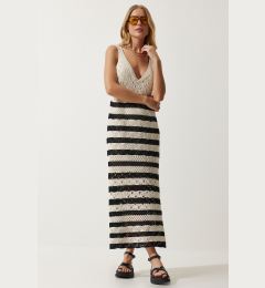 Снимка на Happiness İstanbul Women's Cream Black Strappy Striped Summer Knitwear Dress