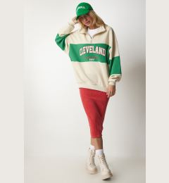 Снимка на Happiness İstanbul Women's Cream Green Block Color Printed Oversize Sweatshirt