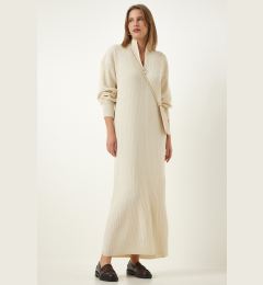 Снимка на Happiness İstanbul Women's Cream Zipper Collar Ribbed Long Knitwear Dress