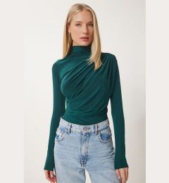 Снимка на Happiness İstanbul Women's Dark Green Gathered Detailed High Neck Sandy Blouse