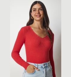 Снимка на Happiness İstanbul Women's Dark Orange V-Neck Ribbed Basic Blouse