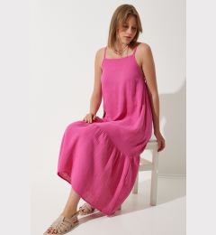 Снимка на Happiness İstanbul Women's Dark Pink Strappy Summer Loose Muslin Dress
