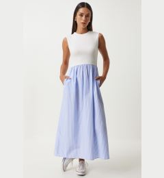 Снимка на Happiness İstanbul Women's Ecru Blue Knitted Top Striped Summer Poplin A-Line Dress