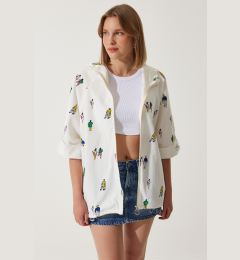 Снимка на Happiness İstanbul Women's Ecru Printed Hooded Raw Linen Jacket