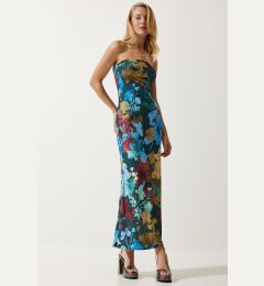 Снимка на Happiness İstanbul Women's Emerald Green Blue Floral Wrap Summer Strapless Dress