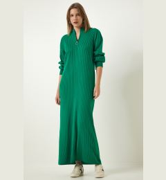 Снимка на Happiness İstanbul Women's Green Zipper Collar Ribbed Long Knitwear Dress