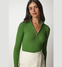Снимка на Happiness İstanbul Women's Green Zipper High Neck Ribbed Knitwear Blouse
