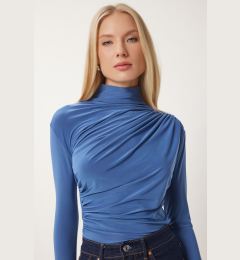 Снимка на Happiness İstanbul Women's Indigo Blue Gathered Detailed High Neck Sandy Blouse