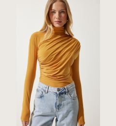 Снимка на Happiness İstanbul Women's Mustard Gather Detailed High Collar Sandy Blouse