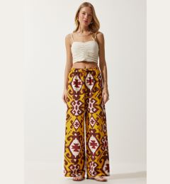Снимка на Happiness İstanbul Women's Mustard Patterned Raw Linen Palazzo Trousers