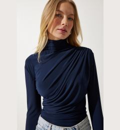 Снимка на Happiness İstanbul Women's Navy Blue Gathered Detailed High Neck Sandy Blouse