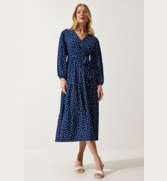 Снимка на Happiness İstanbul Women's Navy Blue Wrapover Neck Polka Dot Knitted Dress
