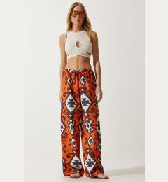 Снимка на Happiness İstanbul Women's Orange Patterned Raw Linen Palazzo Trousers