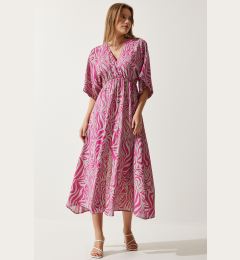 Снимка на Happiness İstanbul Women's Pink Gray Wrapover Neck Patterned Summer Viscose Dress
