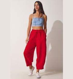 Снимка на Happiness İstanbul Women's Red Linen Viscose Shalwar Pants with Pocket