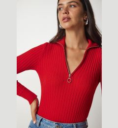 Снимка на Happiness İstanbul Women's Red Zipper High Collar Ribbed Knitwear Blouse