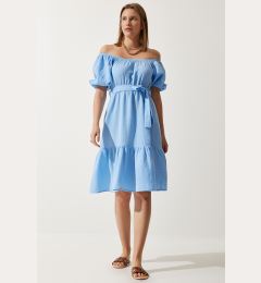 Снимка на Happiness İstanbul Women's Sky Blue Carmen Collar Belted Summer Muslin Dress