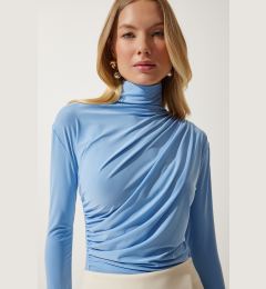 Снимка на Happiness İstanbul Women's Sky Blue Gathered Detailed High Neck Sandy Blouse