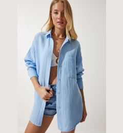 Снимка на Happiness İstanbul Women's Sky Blue Pocket Oversize Muslin Shirt