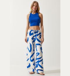 Снимка на Happiness İstanbul Women's White Blue Patterned Raw Linen Palazzo Trousers