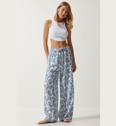 Снимка на Happiness İstanbul Women's White Light Blue Patterned Raw Linen Palazzo Trousers