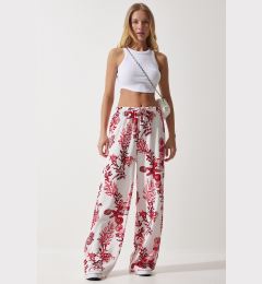Снимка на Happiness İstanbul Women's White Pink Patterned Flowing Viscose Palazzo Trousers
