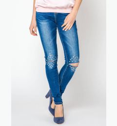 Снимка на Jeans decorated with cuts and rhinestones on the knees navy blue
