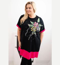 Снимка на Kesi Włoski Fuchsia Plus Size women's tunic with floral pattern and decorative pearls