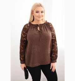 Снимка на Kesi Włoski Plus Size women's blouse with lace sleeves and decorative neckline brown