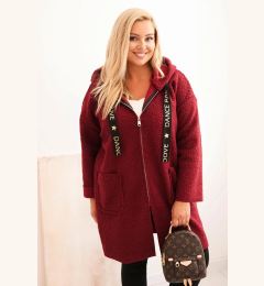 Снимка на Kesi Włoski Plus Size women's coat made of faux shearling with a hood and pockets burgundy