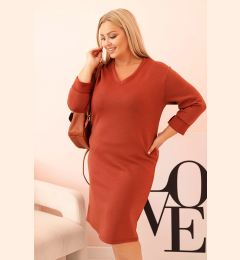 Снимка на Kesi Włoski Plus Size women's dress with a V-neck and sleeves in butter color, red
