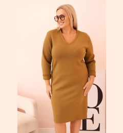 Снимка на Kesi Włoski Plus Size women's dress with a V-neck and sleeves in olive, butter color