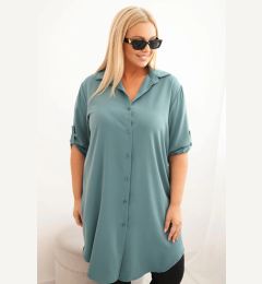 Снимка на Kesi Włoski Plus Size women's shirt dress with a longer back and rolled-up sleeves dark mint