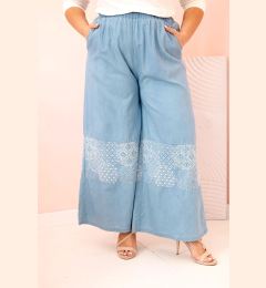 Снимка на Kesi Włoski Plus Size women's trousers with wide legs and ethnic embroidery light denim