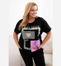 Снимка на Kesi Włoski Women's cotton Plus Size blouse with gold print black + cornflower blue