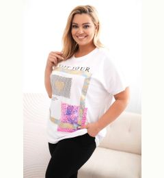 Снимка на Kesi Włoski Women's cotton Plus Size blouse with gold print white + blue