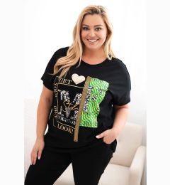 Снимка на Kesi Włoski Women's cotton Plus Size blouse with print and sequins white + green