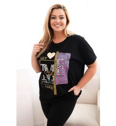 Снимка на Kesi Włoski Women's cotton Plus Size blouse with print and sequinswhite + pink