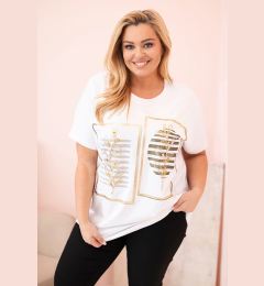 Снимка на Kesi Włoski Women's cotton Plus Size blouse with rhinestones white + khaki